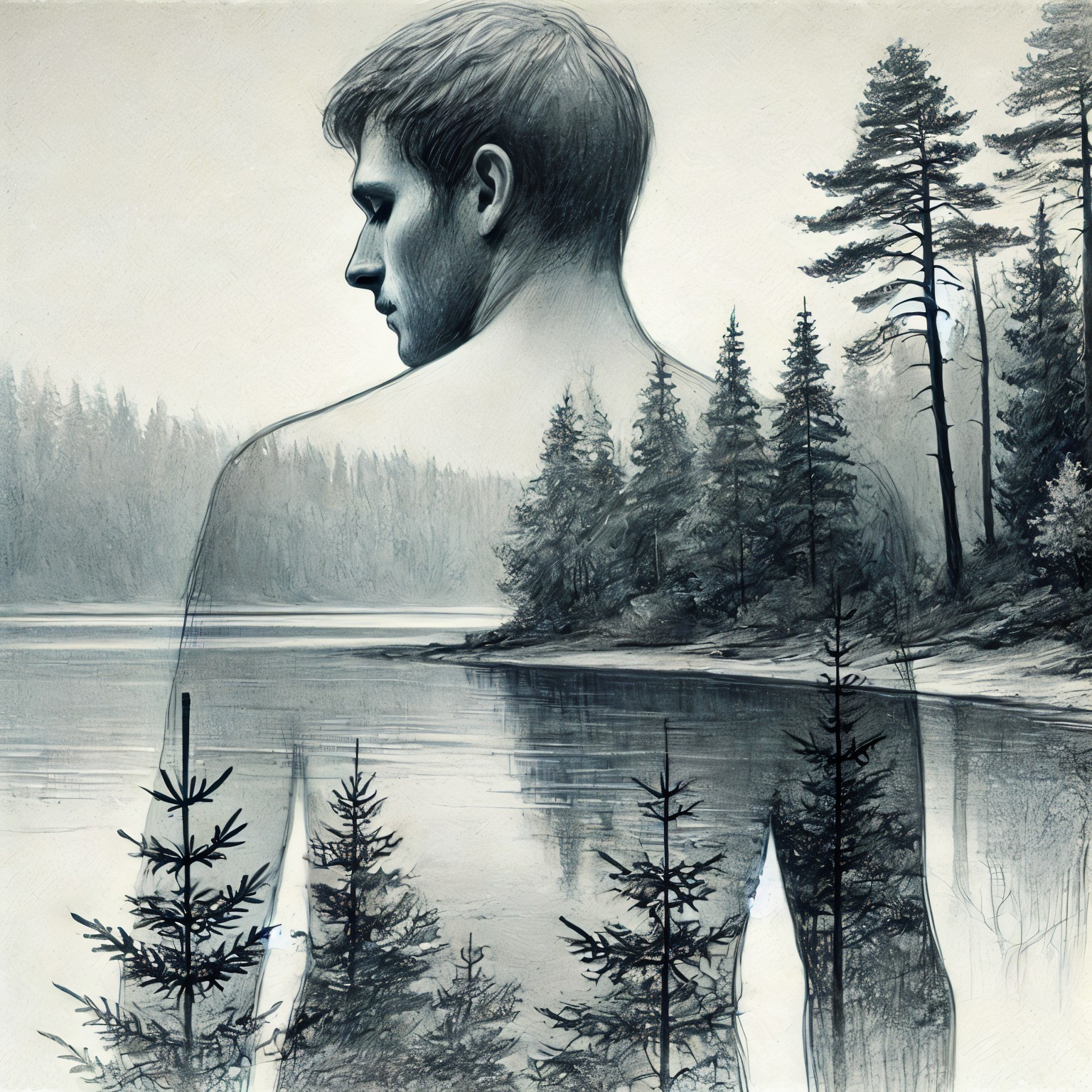 Double Exposure of Silhouette and Lakeside Landscape