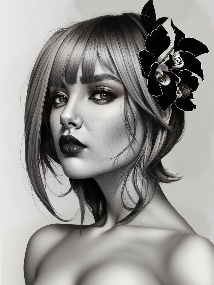 Monochrome Portrait of a Woman with Orchid Accent