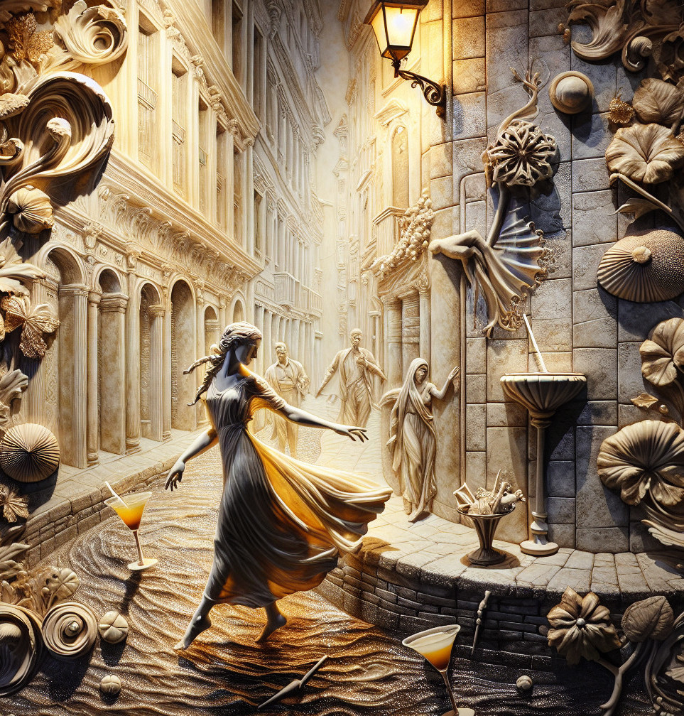 Intricately Carved Relief of a Cobblestone Street Scene