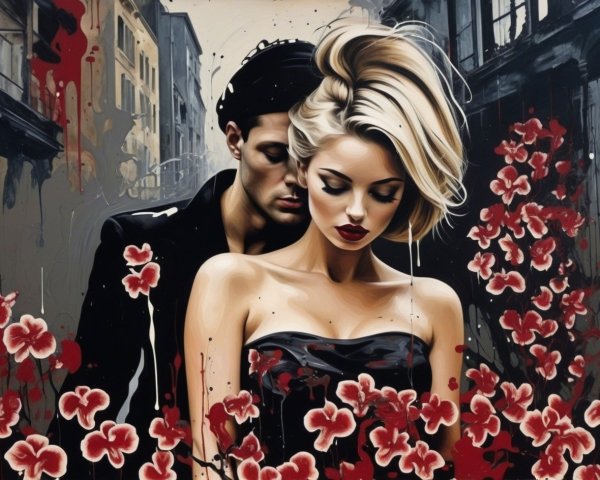 Couple Embracing Amid Urban Architecture and Flowers