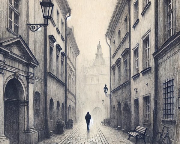 Foggy Street Scene with Historical Buildings and Lampposts