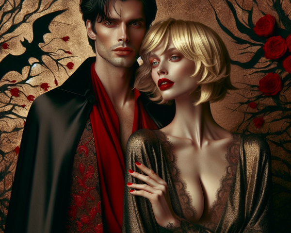 Glamorous couple in dark backdrop with roses and bats