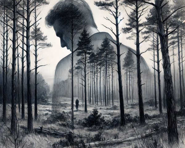 Serene forest scene with mist and a solitary figure