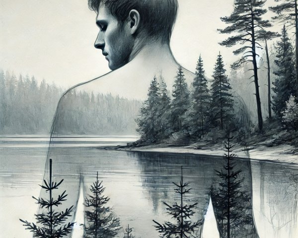 Double Exposure of Silhouette and Lakeside Landscape