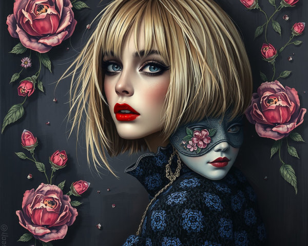 Portrait of a Woman with Bold Blonde Bob and Roses