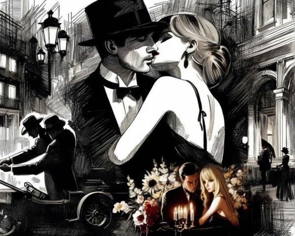 Vintage Romantic Scene with Elegant Cityscape