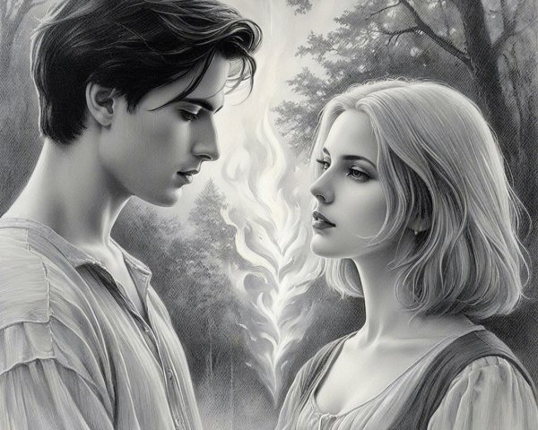 Monochrome Scene of Couple in Misty Forest