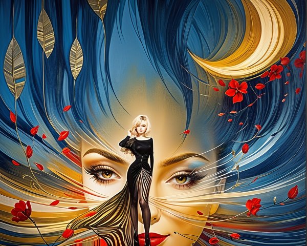 Artwork of a woman with vibrant blue and gold hair