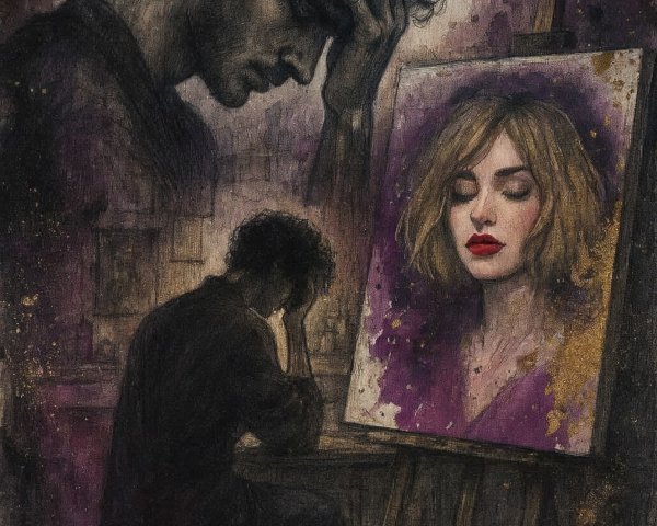 Artwork of a troubled artist in a moody setting