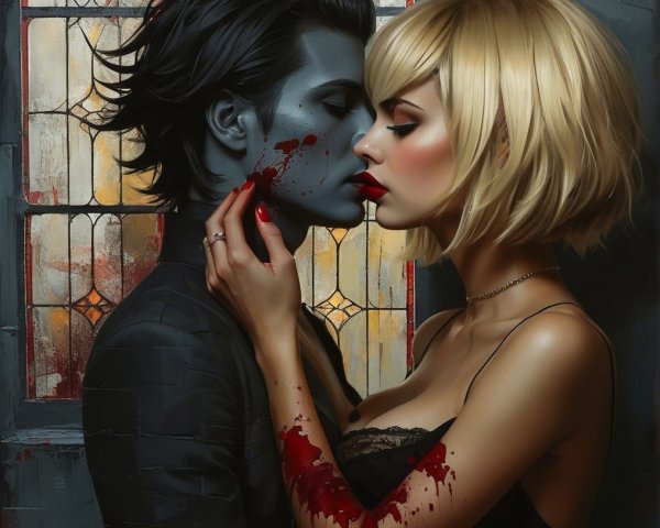 Dark Romantic Scene with Striking Couple Embrace