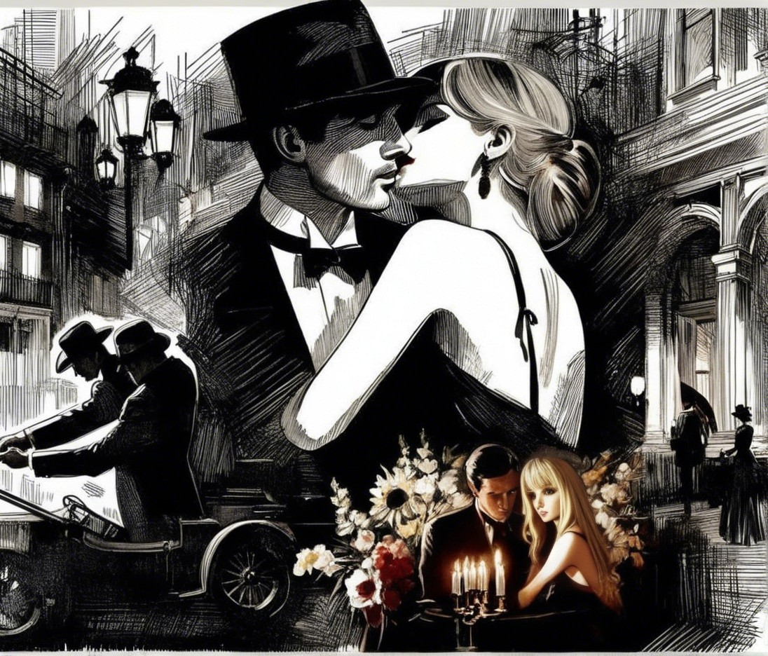 Vintage Romantic Scene with Elegant Cityscape