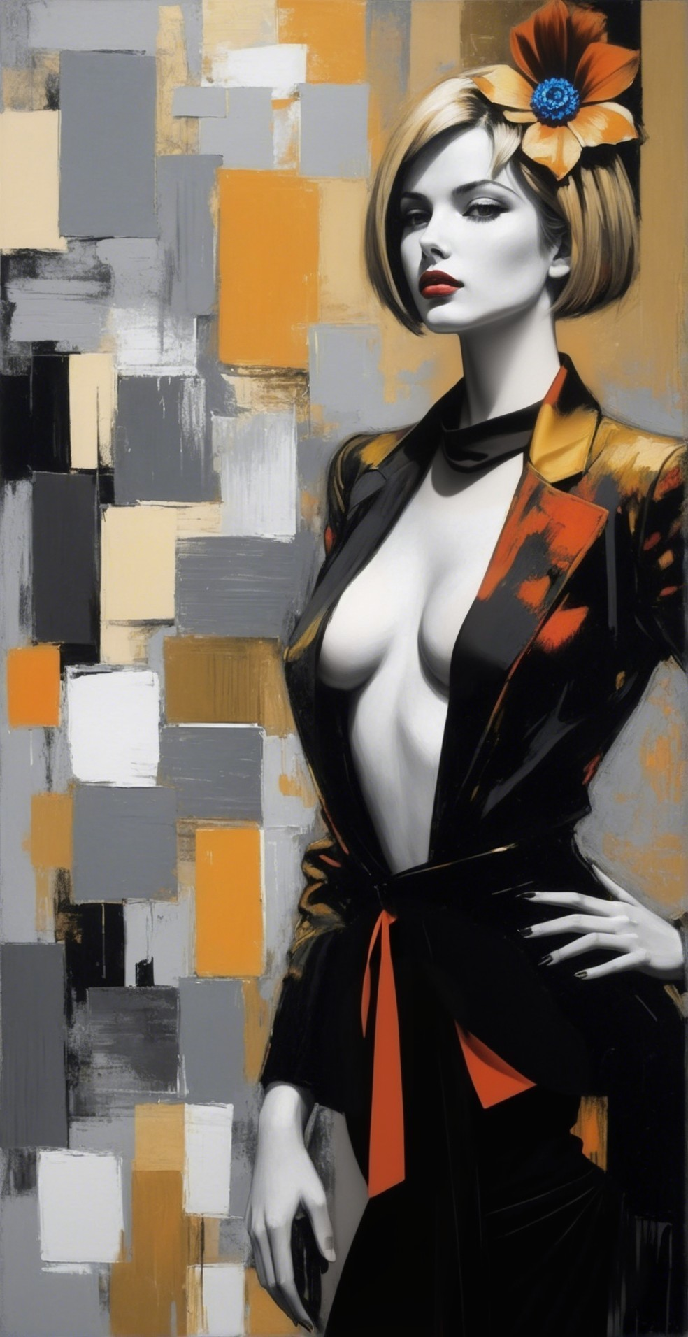 Stylized Woman in Black Blazer with Abstract Patches