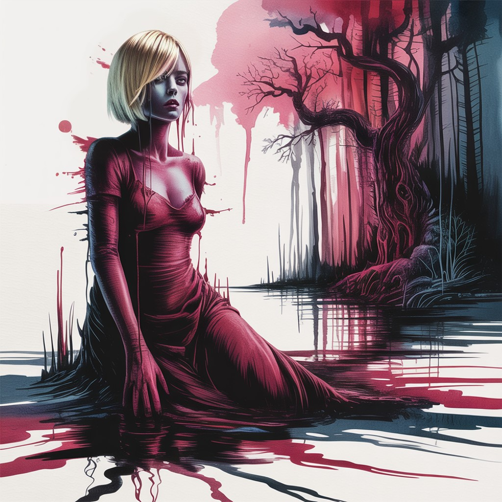 Eerie Scene of a Woman in a Dark Forest Setting