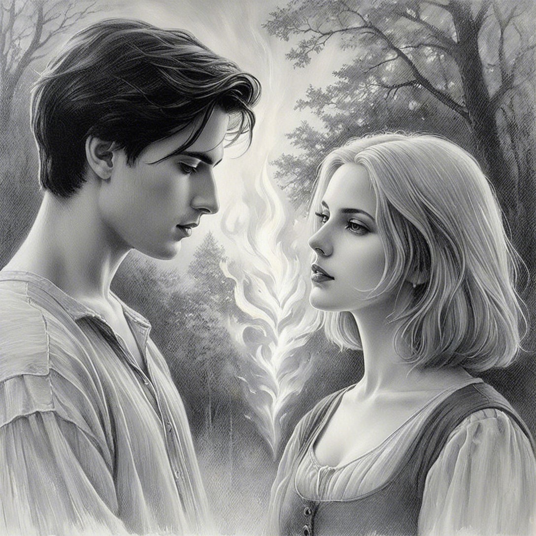 Monochrome Scene of Couple in Misty Forest