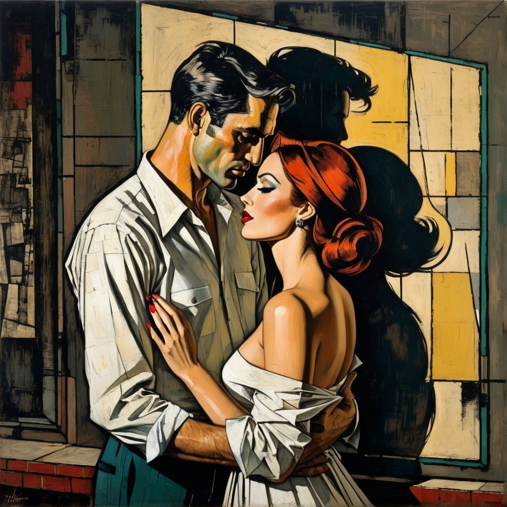 Couple Embrace in Retro-Inspired Art Style