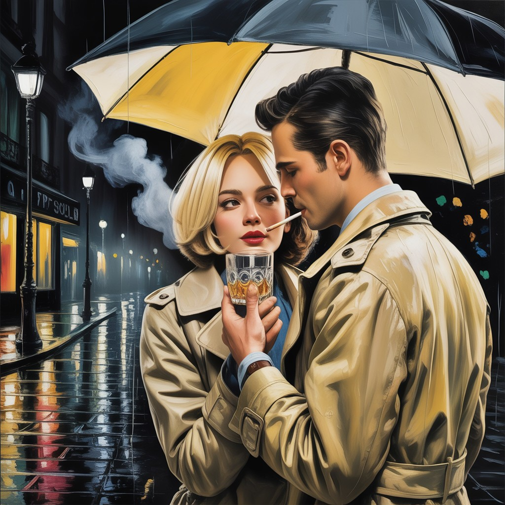 Romantic Couple Under Yellow Umbrella on Rainy Night