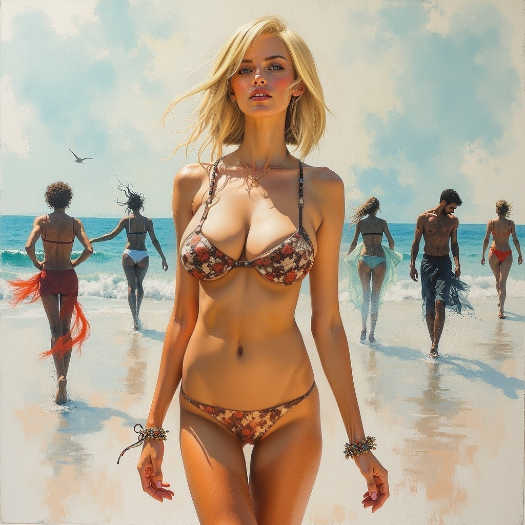 Stylish Beach Scene with Confident Woman in Bikini