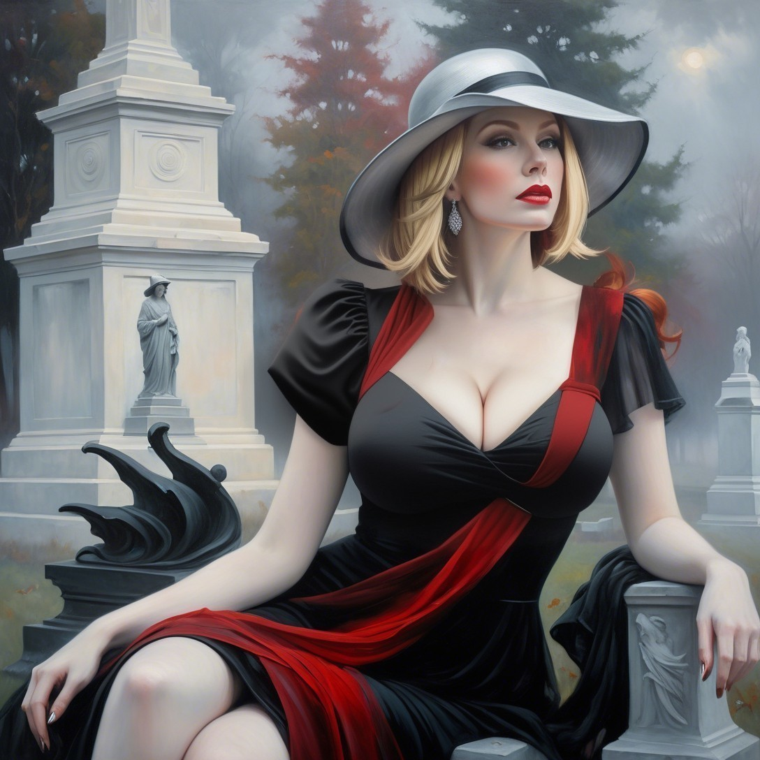 Glamorous Woman in Black Dress in Misty Graveyard