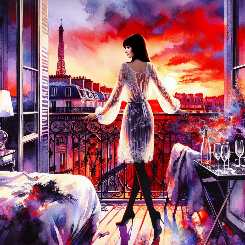 Balcony Scene in Paris at Sunset with Elegant Details