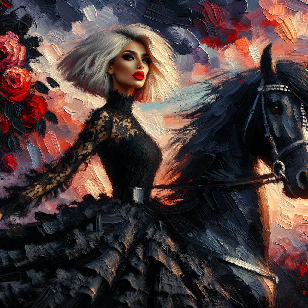 Woman on Black Horse Against Red and Purple Sky