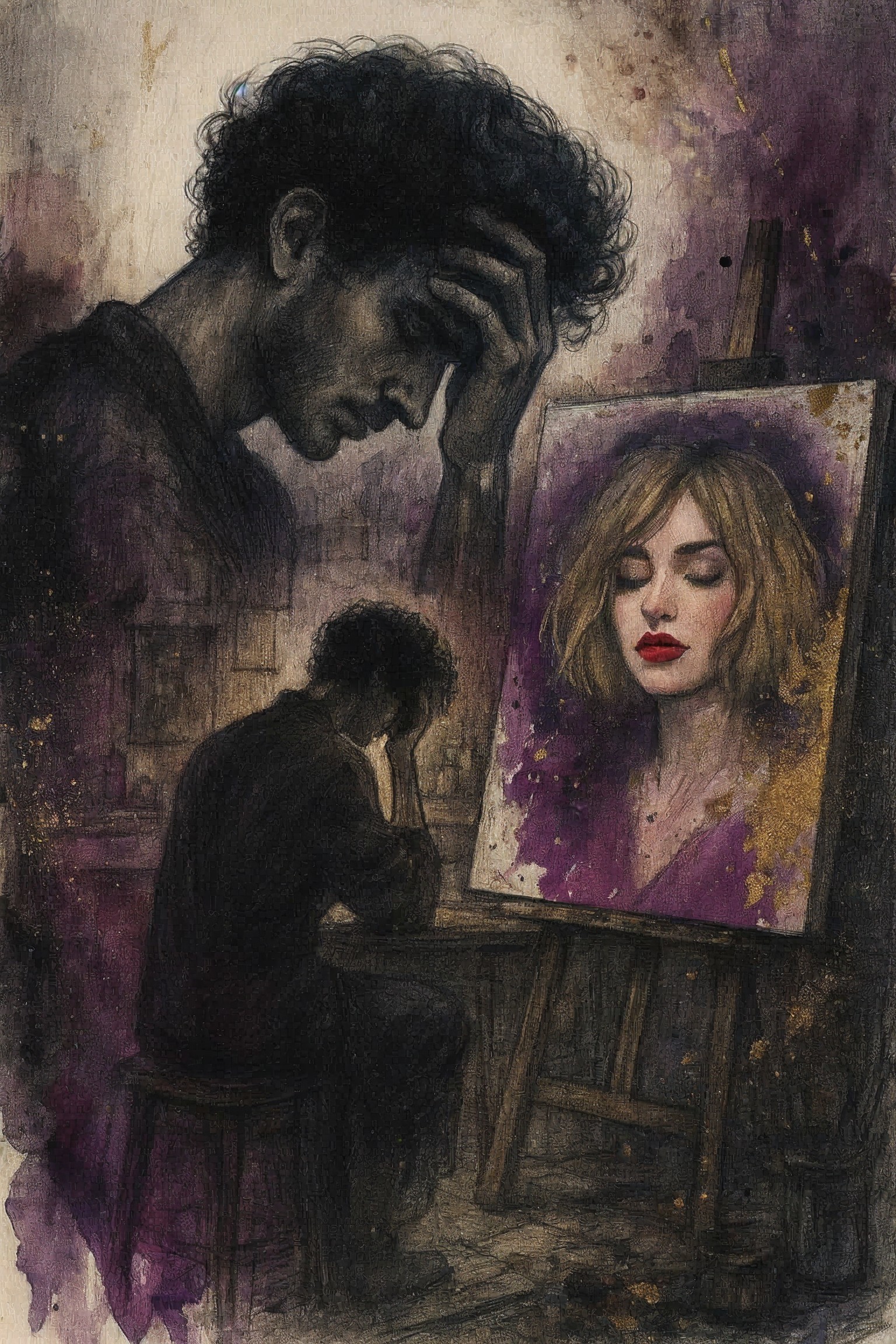 Artwork of a troubled artist in a moody setting
