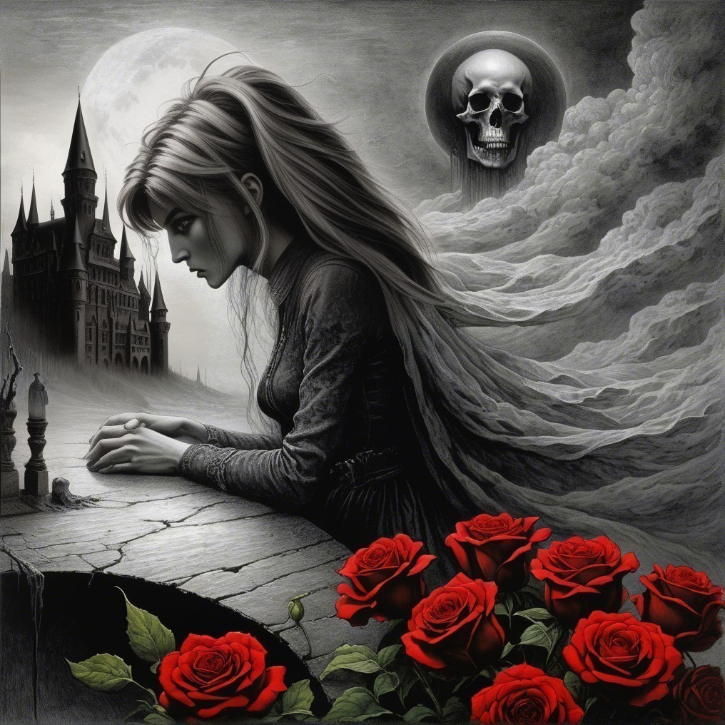 Melancholic Woman Surrounded by Roses and Castle