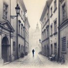 Foggy Street Scene with Historical Buildings and Lampposts