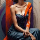 Glamorous Woman in Dark Gown with Bold Orange Stripe