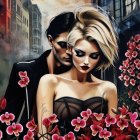 Couple Embracing Amid Urban Architecture and Flowers