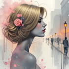 Serene portrait of a woman with blonde hair and flowers