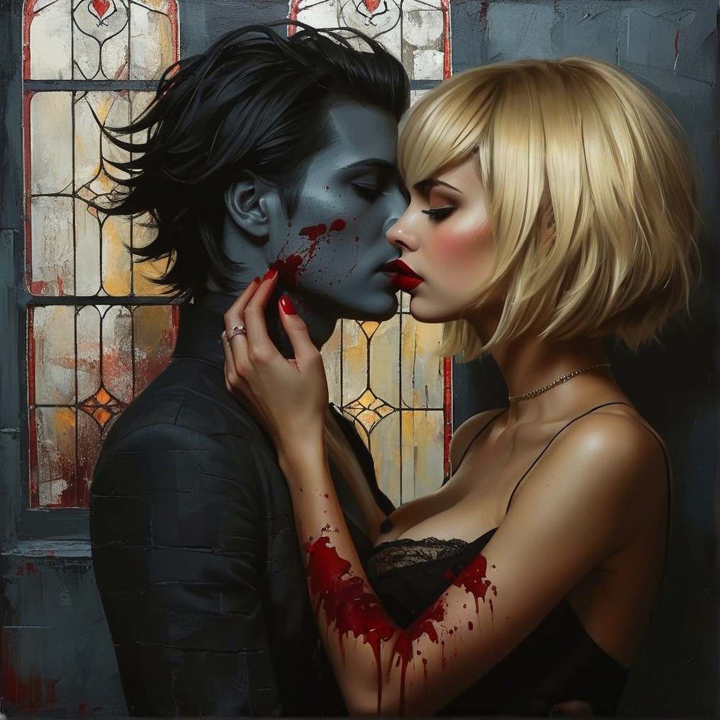 Dark Romantic Scene with Striking Couple Embrace
