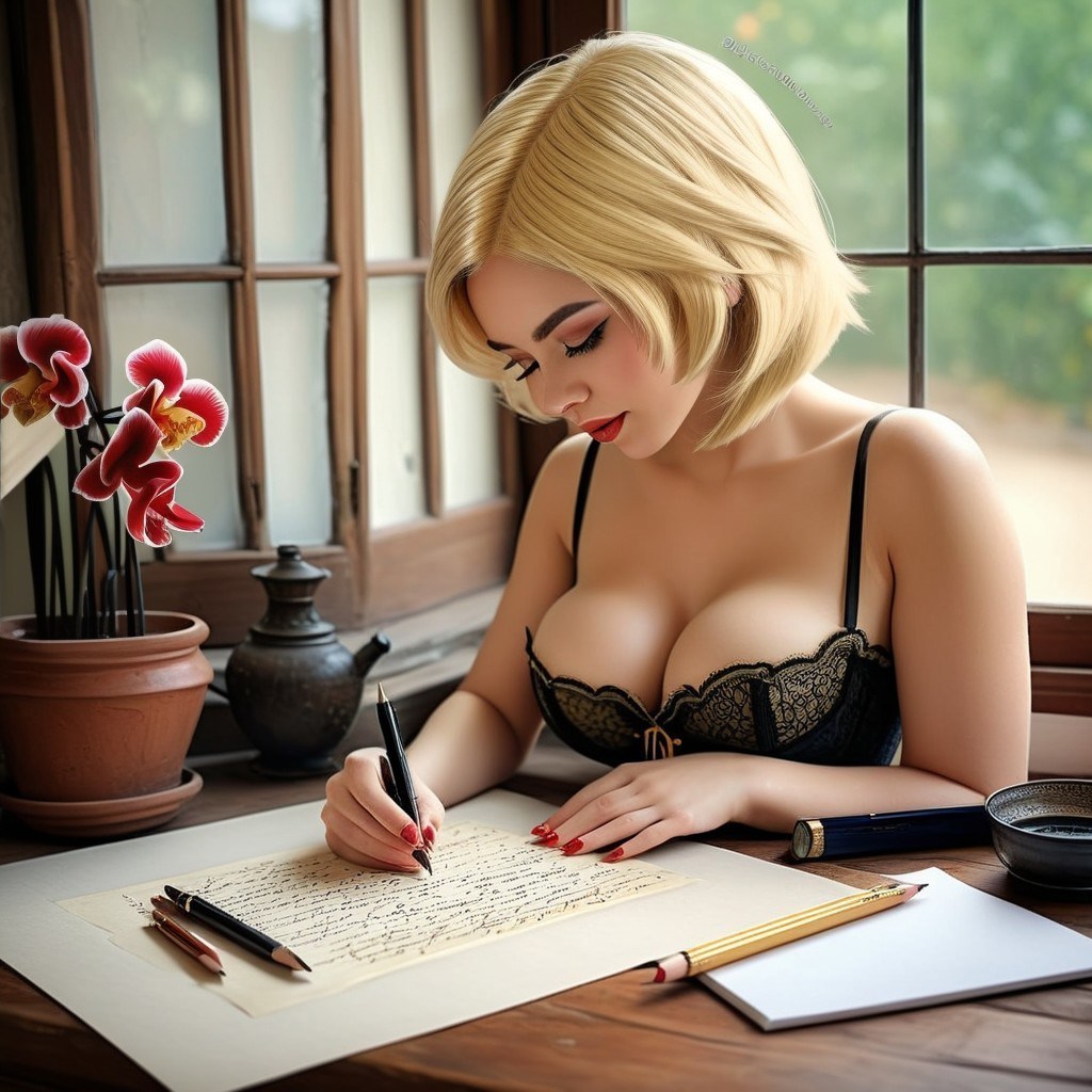 Young Woman Writing at Table with Natural Light