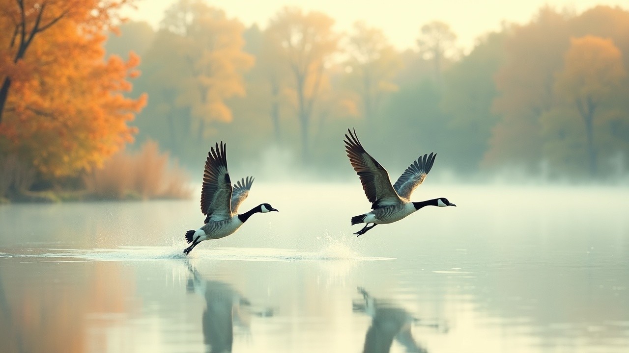 Canada Geese Flying Over Autumn Lake Landscape