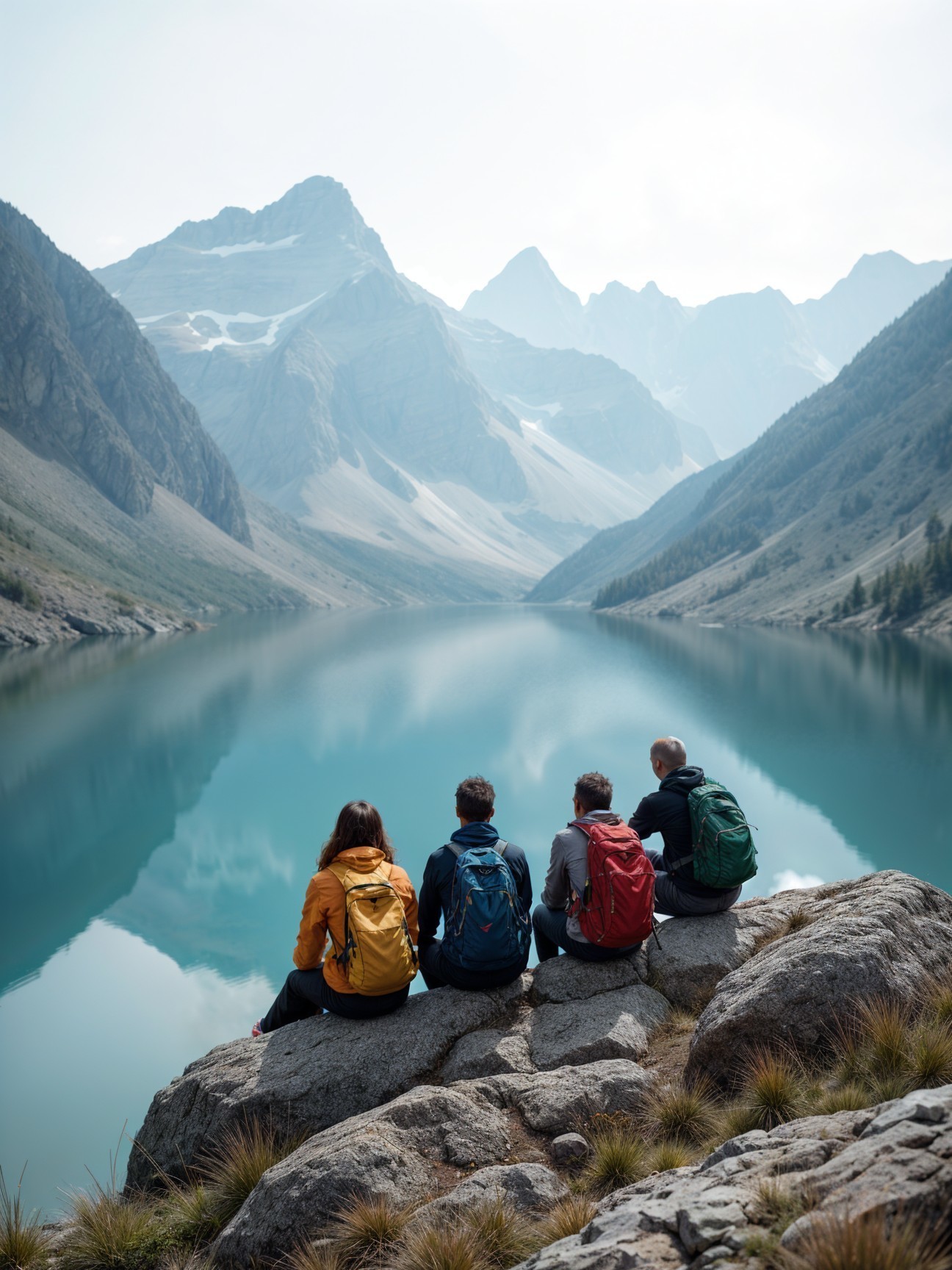 Hikers Relax by Lake with Majestic Mountain Views