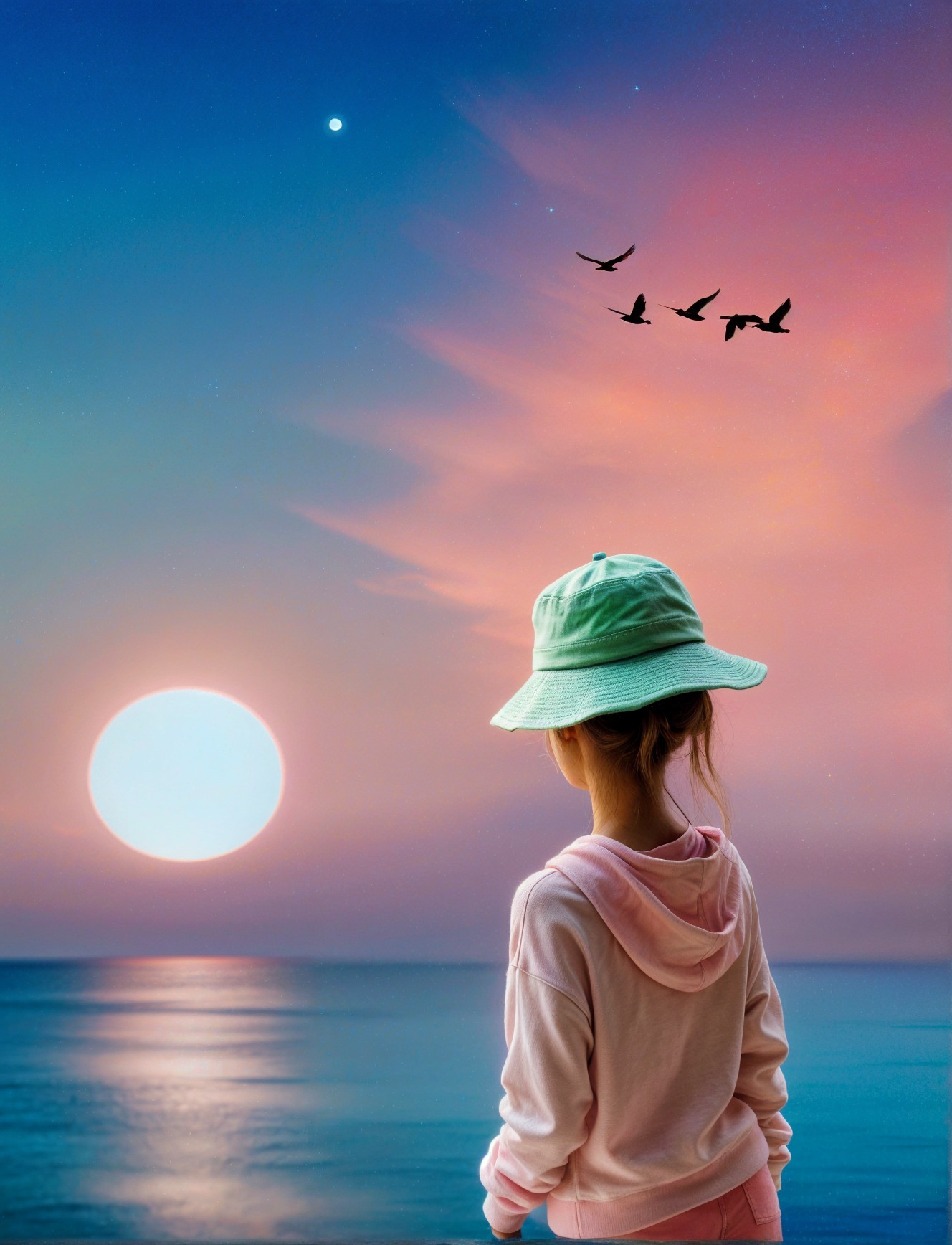 Young girl in pink hoodie by serene sunset ocean