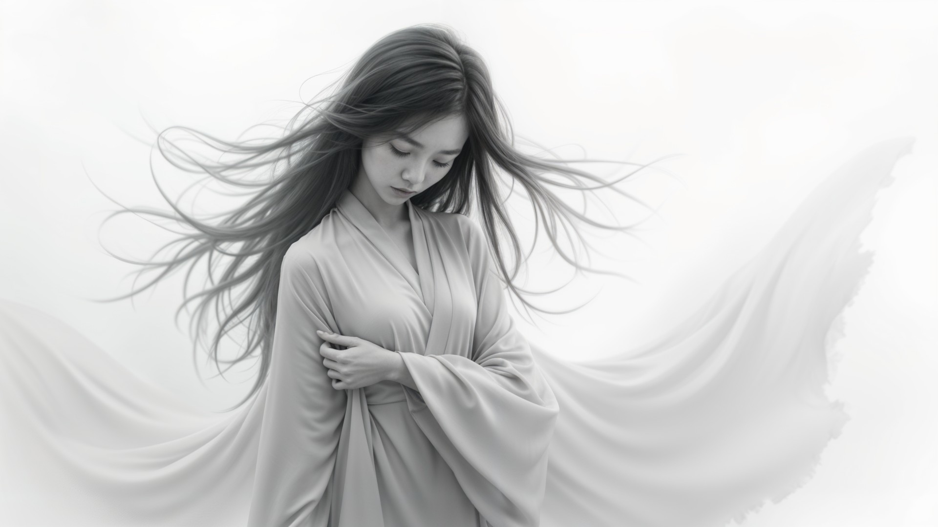 Serene figure in flowing garment with ethereal qualities