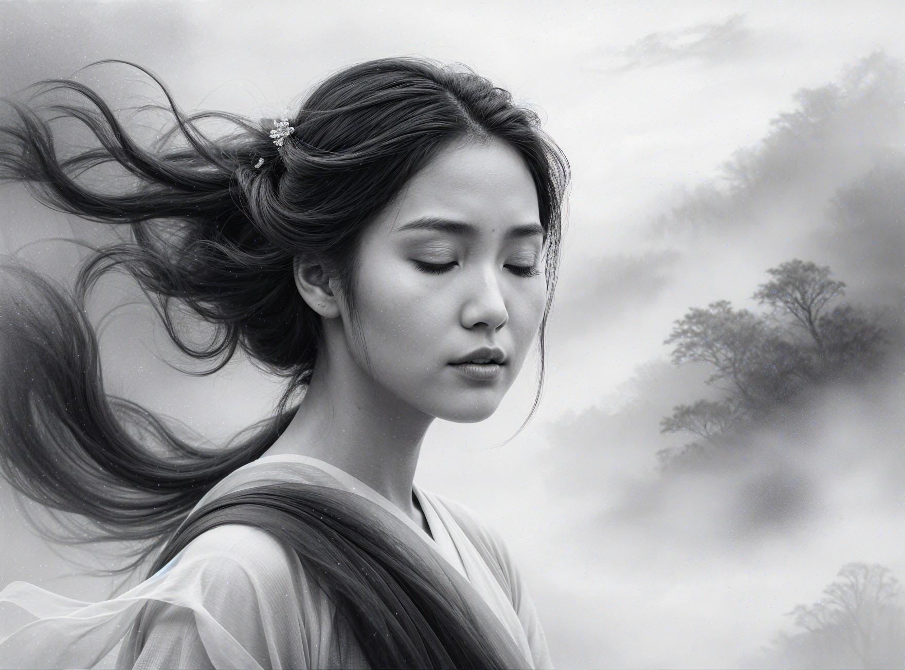 Portrait of a Young Woman in Black and White Serenity