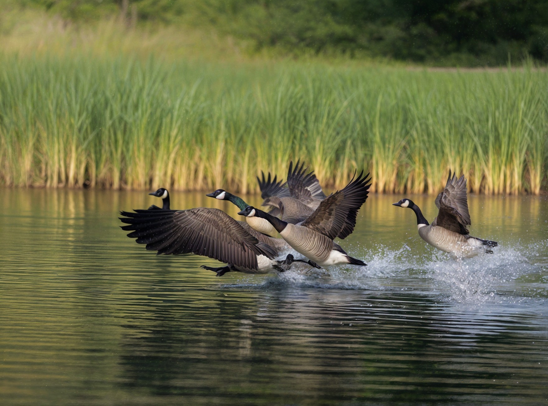 Canada Geese Taking Flight from a Serene Lake