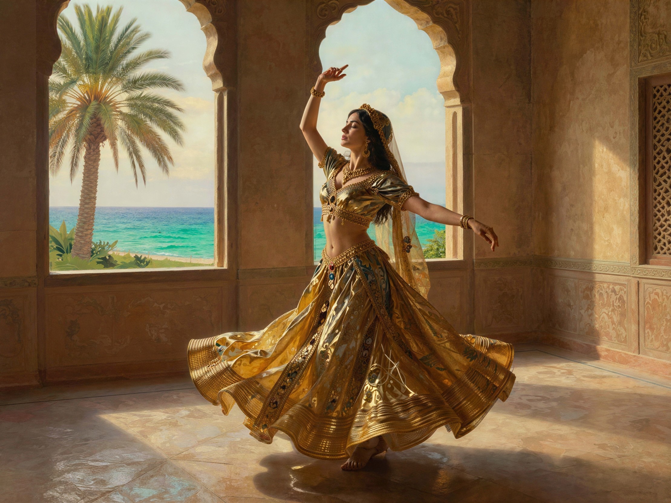 Arabian Woman Dancing in Golden Dress in Lavish Room