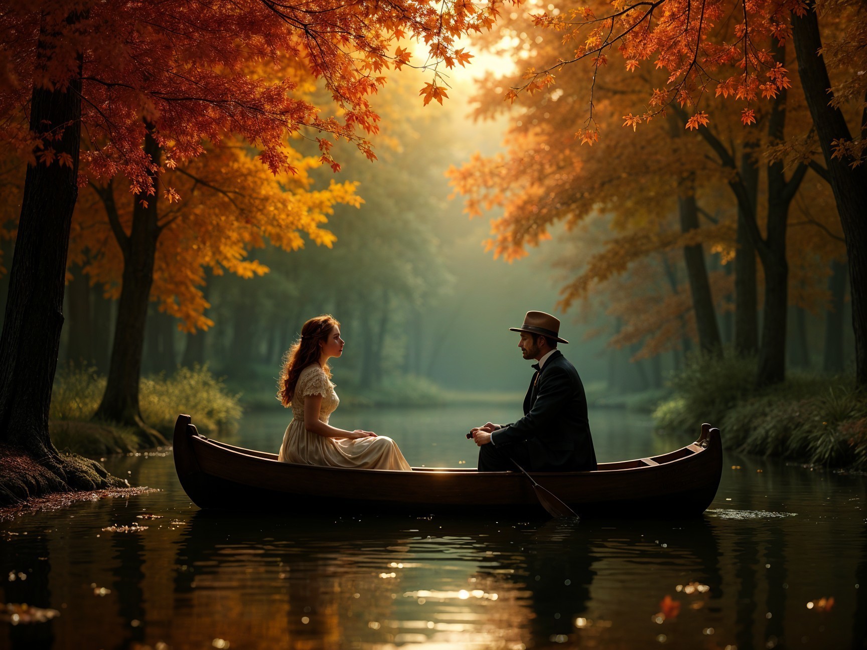 Couple in a Wooden Boat on a Calm Autumn River