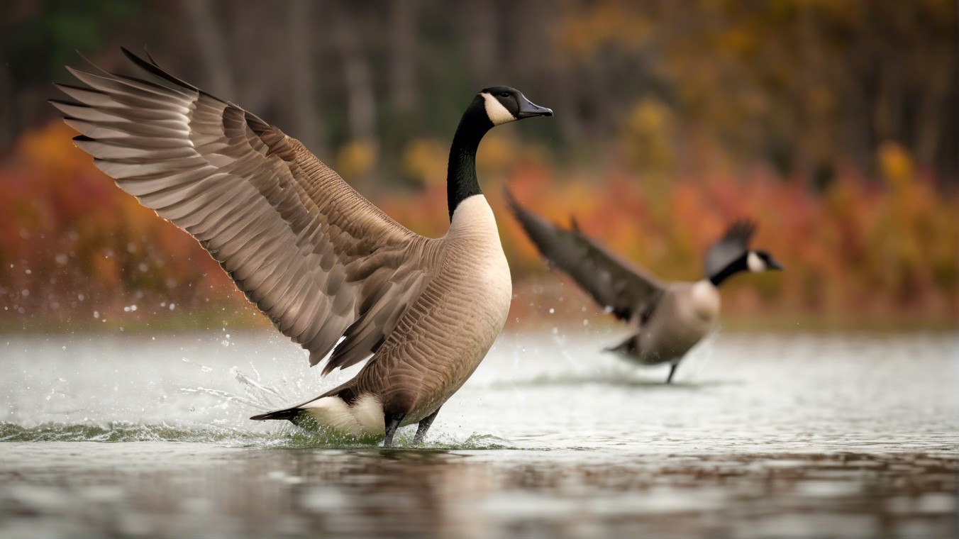 Canada Geese in Calm Waters with Autumn Foliage