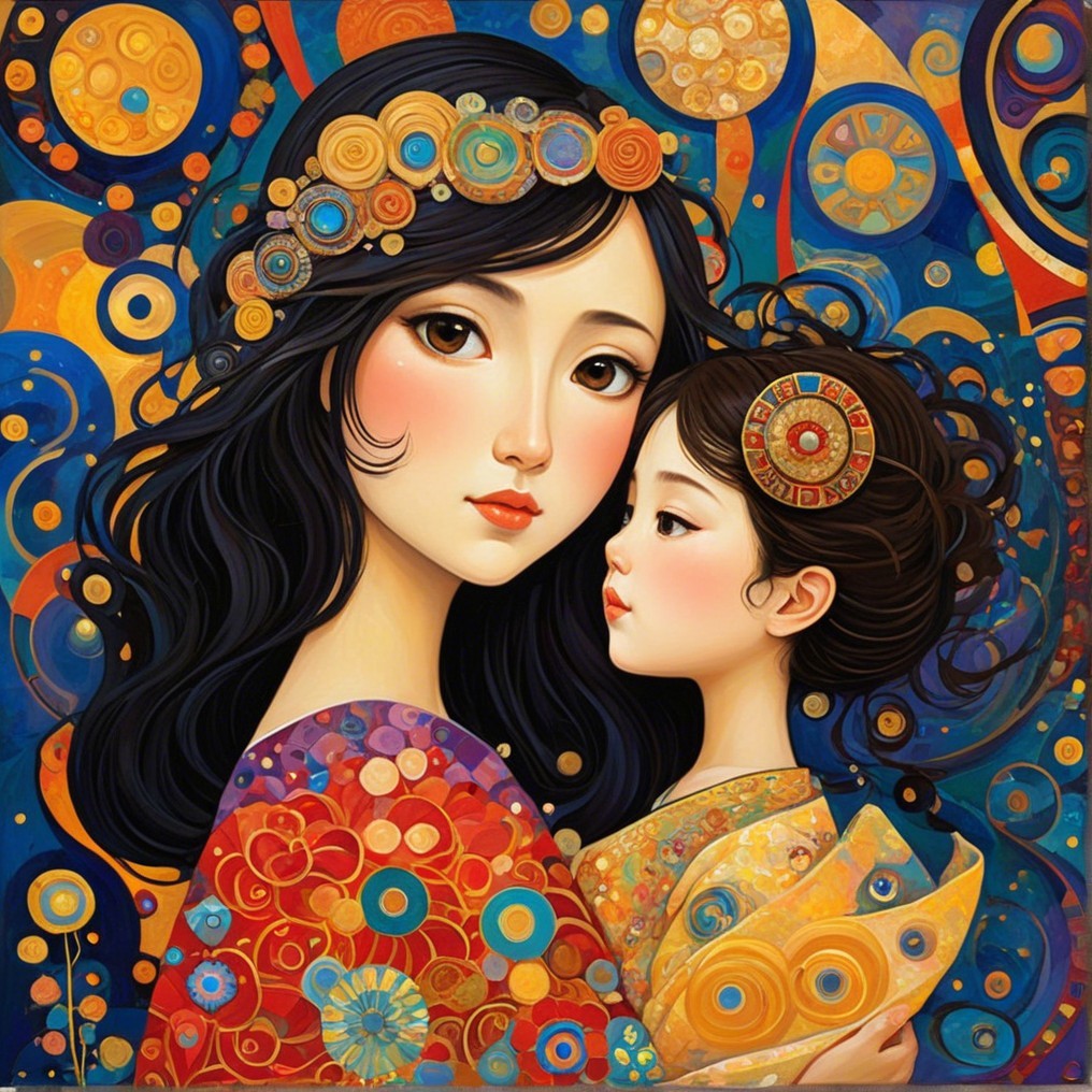 Vibrant Illustration of Woman and Girl in Traditional Garments
