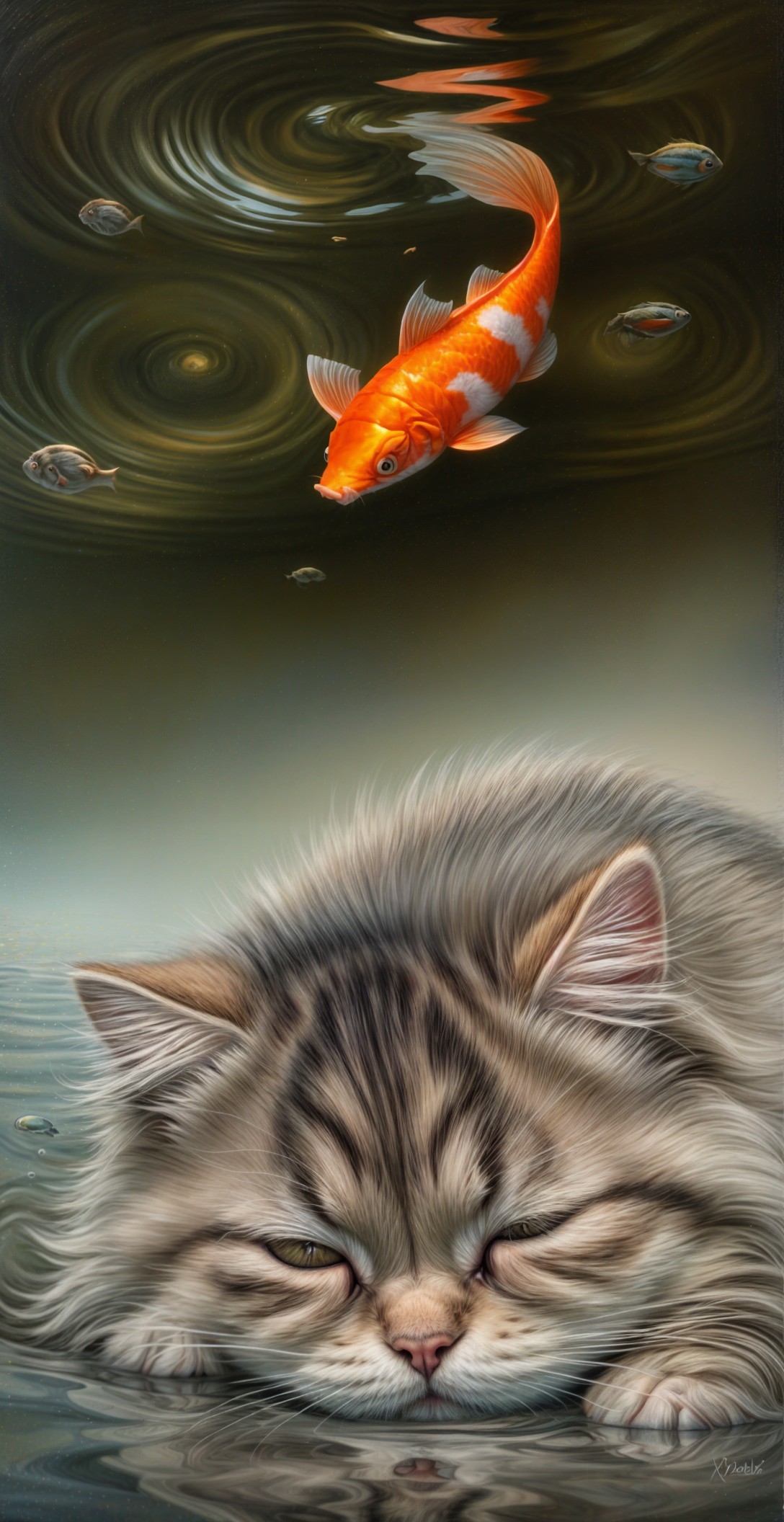 Content Cat Resting on Water with Koi Fish