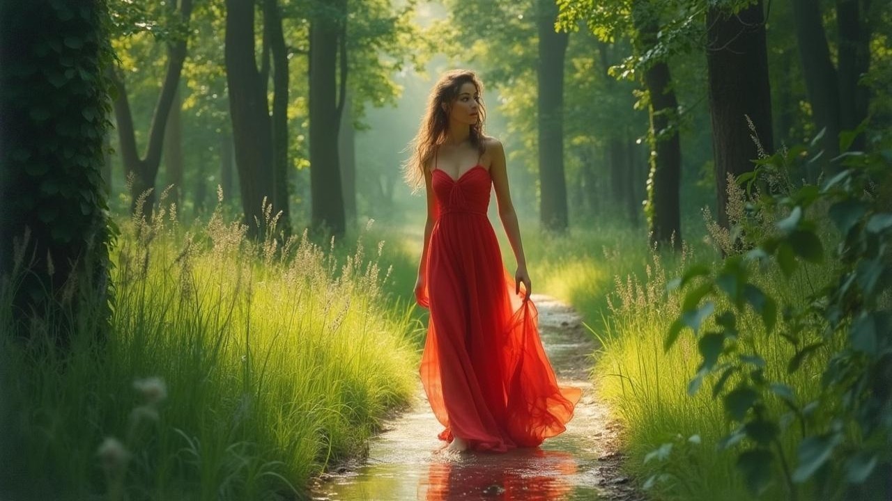 Serene Forest Pathway with Woman in Red Dress