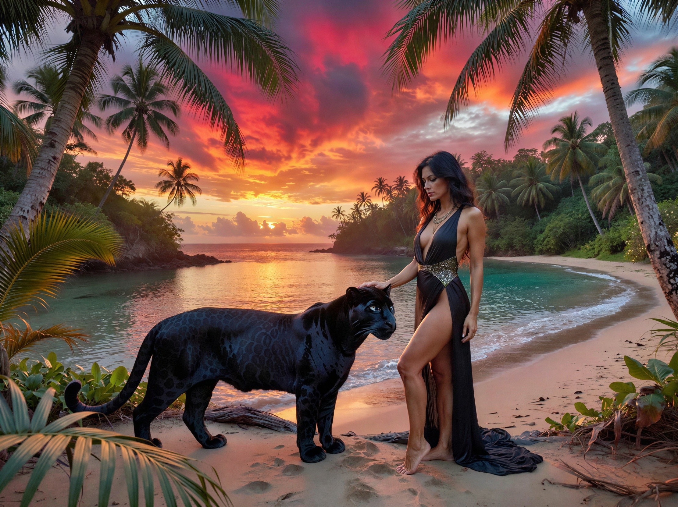 Black Panther and Woman on Beach at Sunset