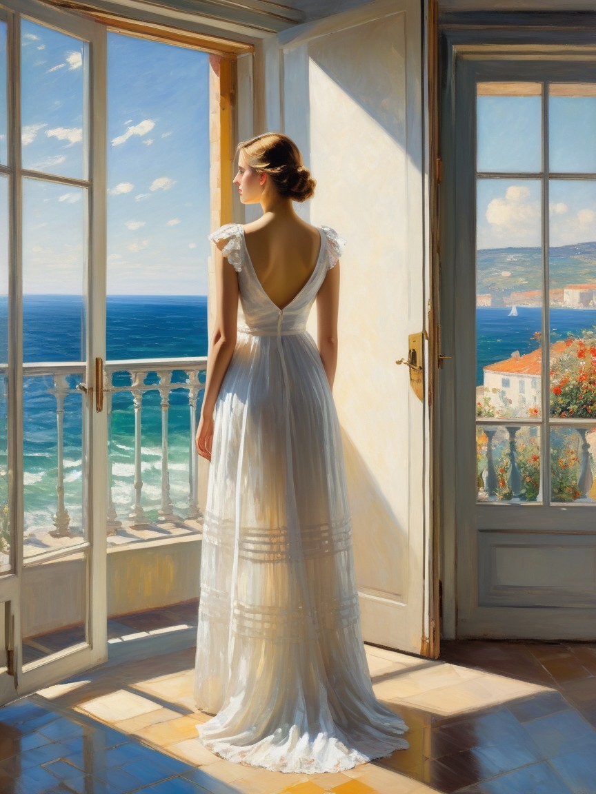 Woman in White Dress Gazing at Ocean View