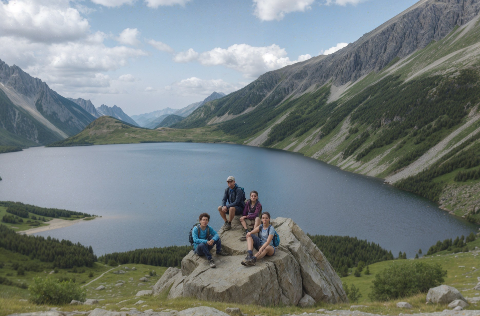 Hikers Relaxing by a Scenic Mountain Lake View