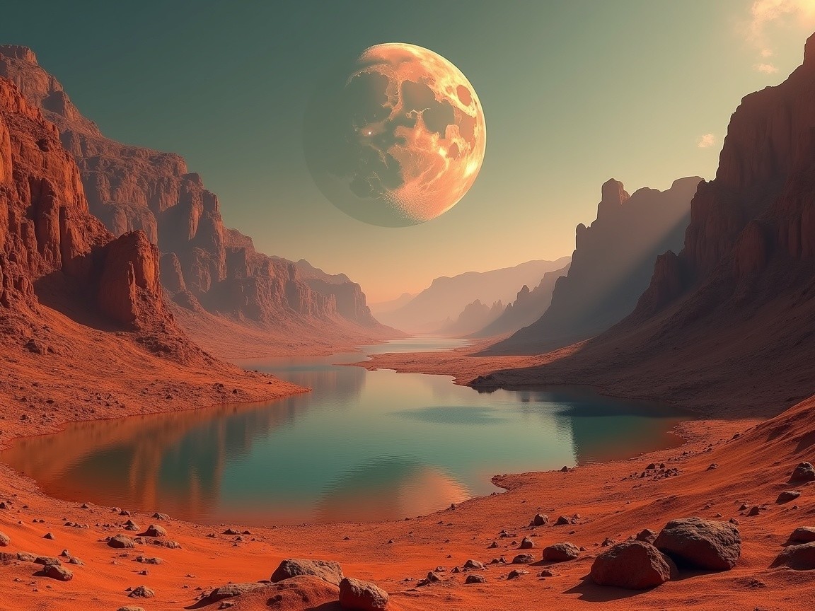 Surreal Landscape with Red Rocks and Illuminated Moon
