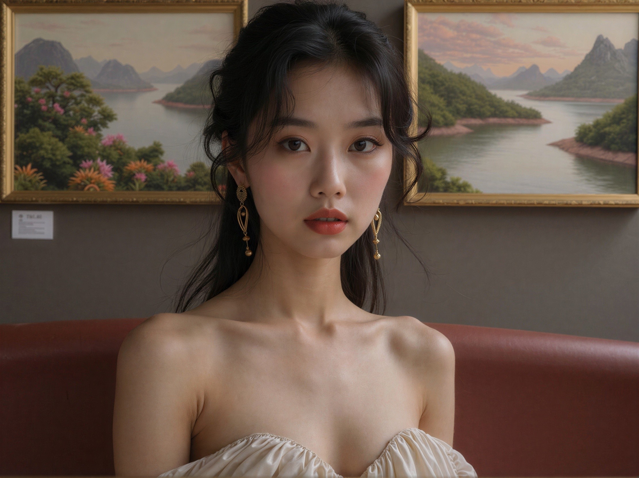 Asian Woman in Off-the-Shoulder Top with Art Background