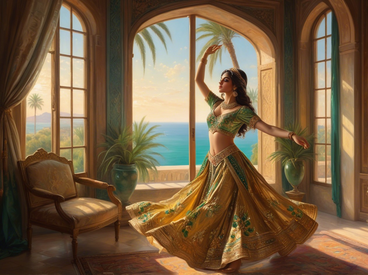Indian Woman Dancing in Traditional Outfit with Ocean View